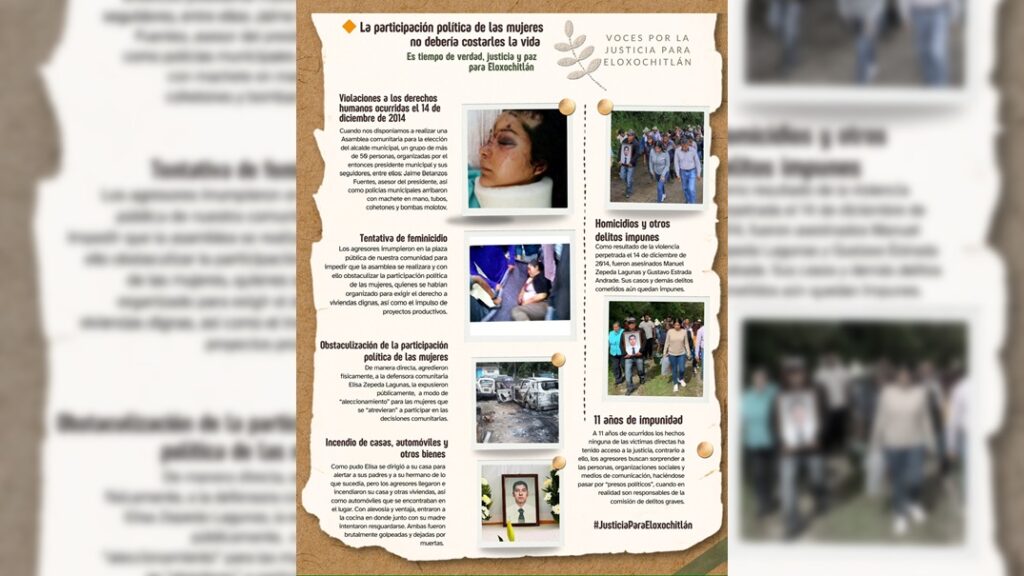 “Se acabaron tus sueños”, “este no es asunto tuyo”, “no te vuelvas a meter en los asuntos del pueblo”, eran las palabras de mis agresores, quienes después de arrastrarme hasta el foro del pueblo, me exhibieron frente a las personas que ahí se encontraban, a modo de aleccionamiento a las mujeres que se “atrevieran” a participar en la vida comunitaria.